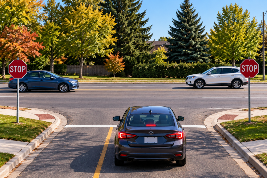 Two-way stop at a T-intersection with through traffic