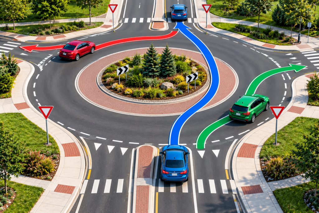 Diagram of how to drive through a single-lane roundabout in Ontario