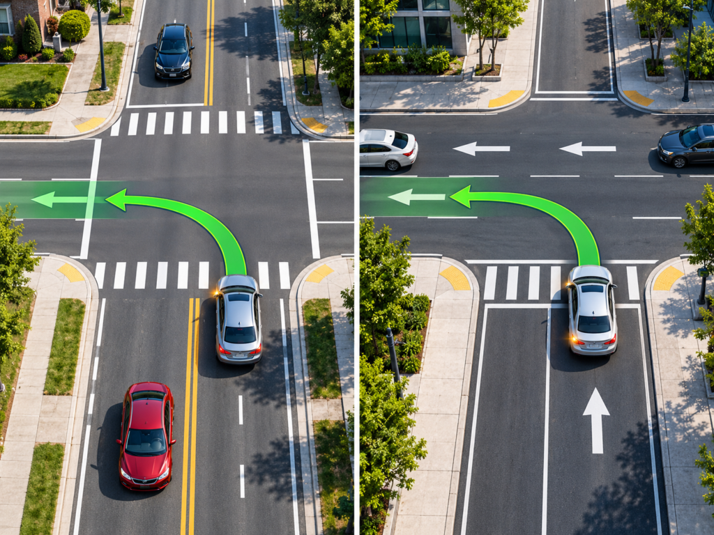 Diagram of correct left turn paths in Ontario from two-way and one-way roads