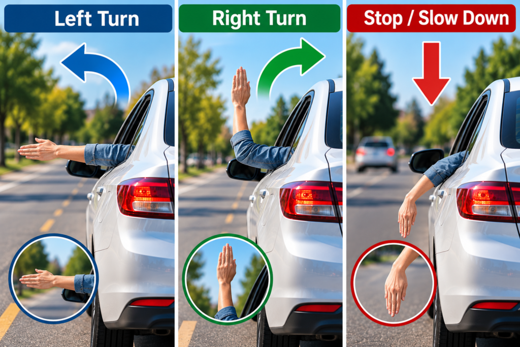 hart of the 3 driving hand signals in Ontario: left turn, right turn and stop