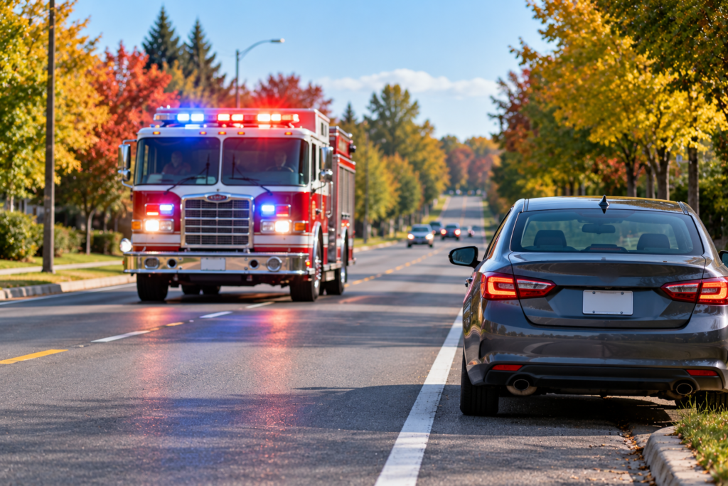 Car pulling to the right as an emergency vehicle approaches