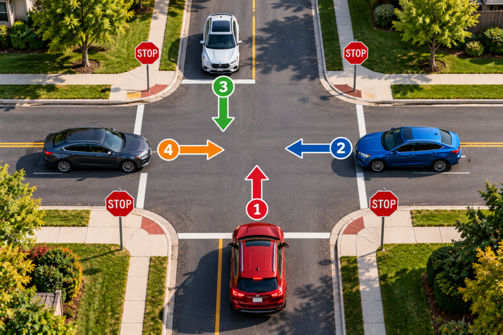 Diagram of who goes first at a 4-way stop in Ontario