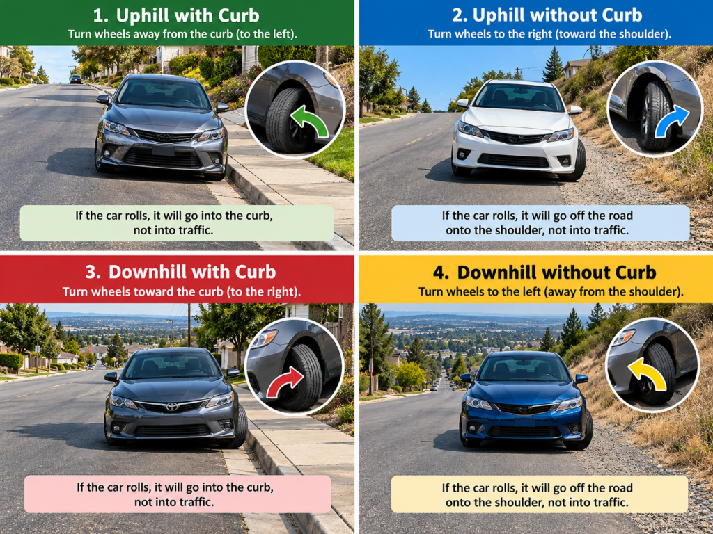 Chart showing which way to turn your wheels when parking uphill and downhill, with and without a curb