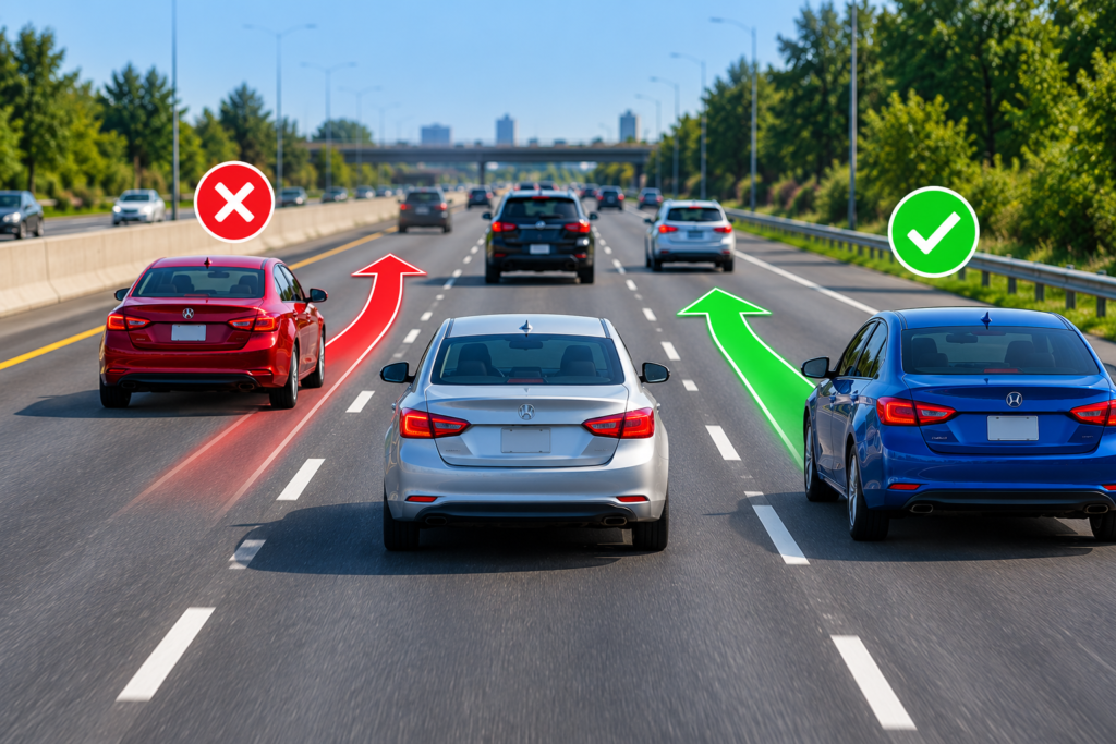 Car passing on the right on a multi-lane road