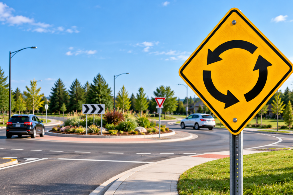 Ontario roundabout ahead warning sign