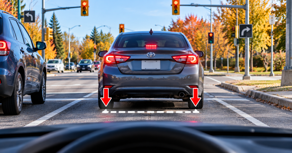 Stopping gap behind a car at a red light, with its rear tires visible