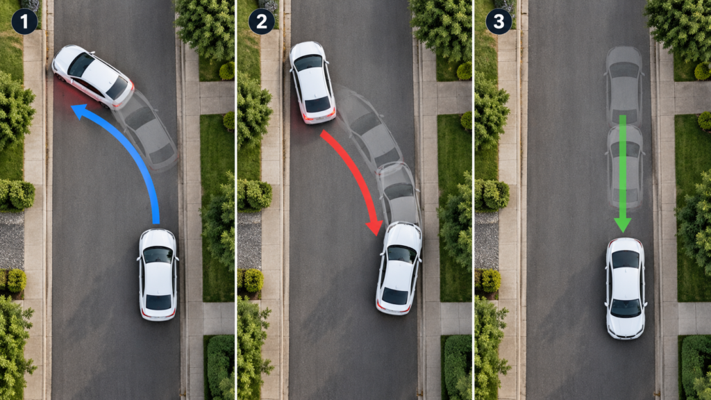 Step-by-step diagram of a three-point turn on a narrow road