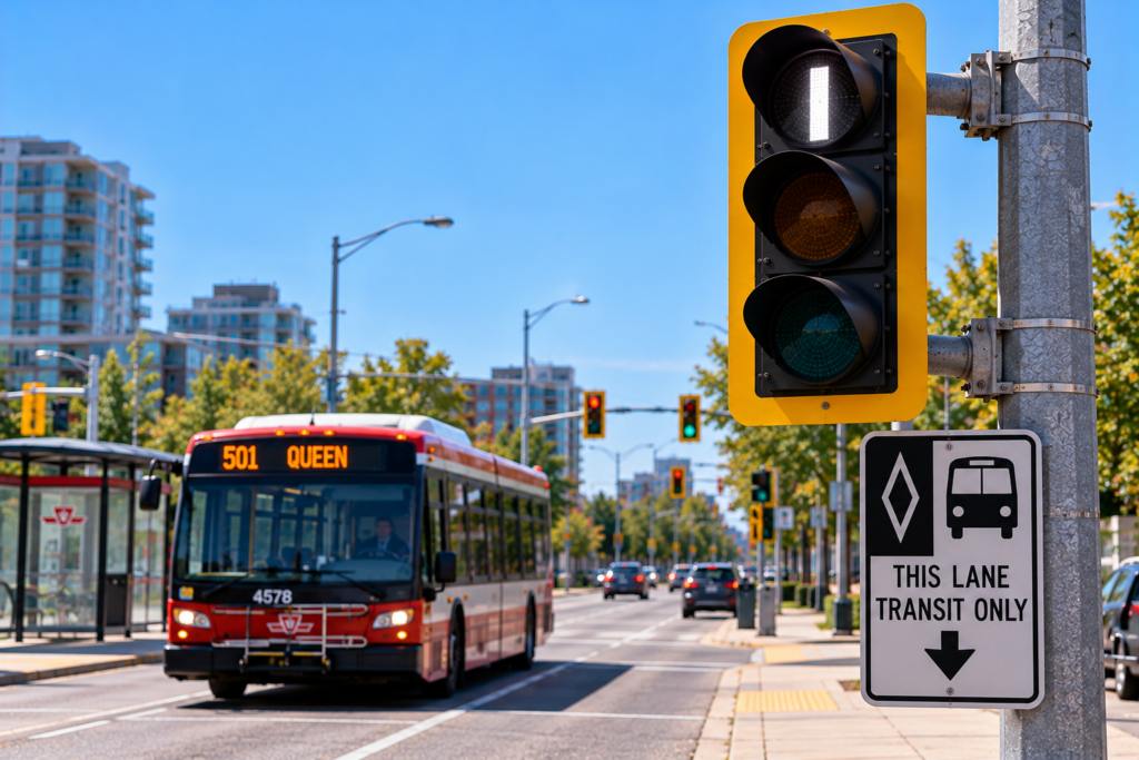 Transit priority signal with a white vertical bar