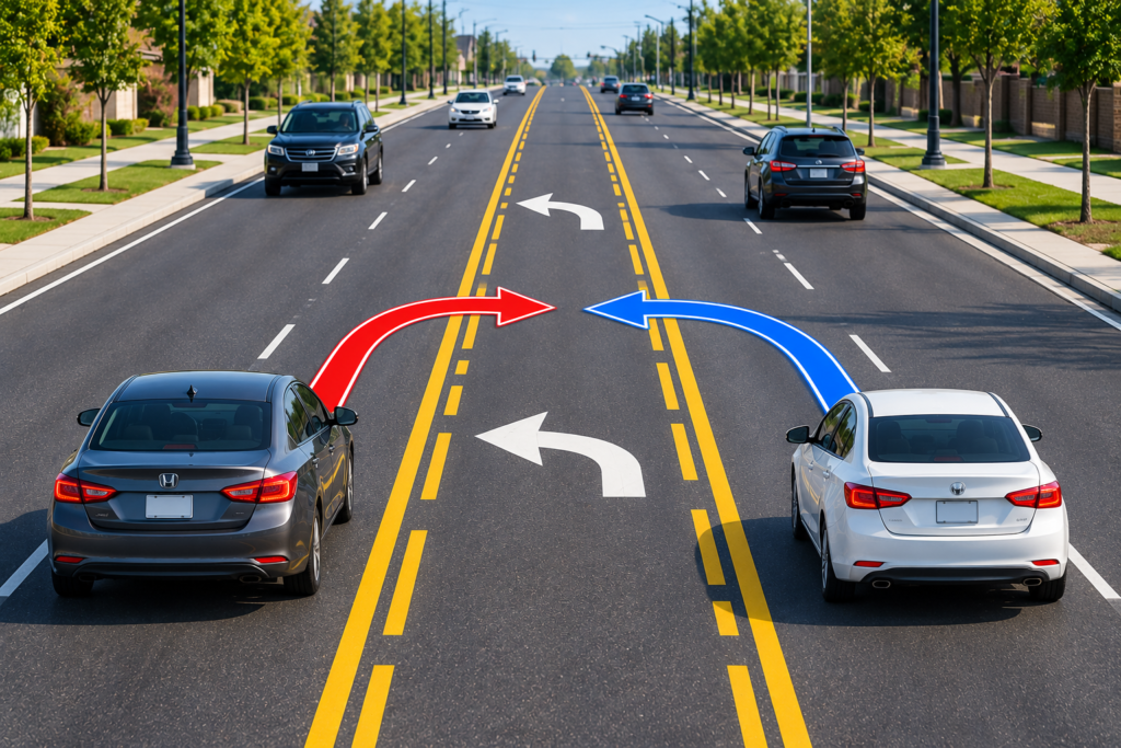 Two-way left turn lane with yellow lines and arrows on an Ontario road