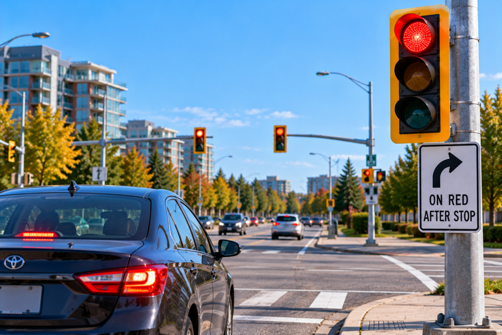 Car stopped before turning right on a red light in Ontario]